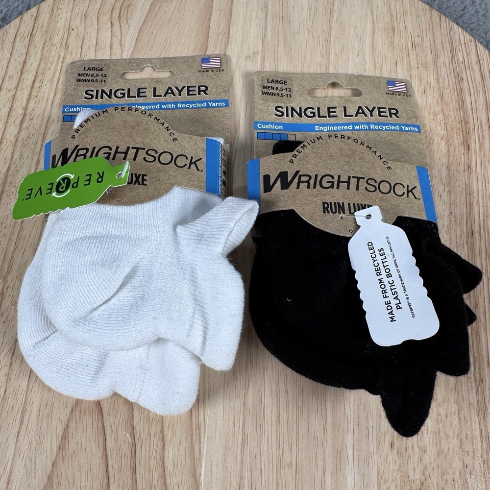 Wrightsock Run Luxe Large Men 8.5-12 No Show Tab Socks Black White 2 Pairs NEW